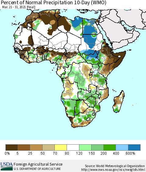 Africa Percent of Normal Precipitation 10-Day (WMO) Thematic Map For 3/21/2021 - 3/31/2021