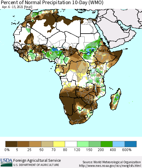 Africa Percent of Normal Precipitation 10-Day (WMO) Thematic Map For 4/6/2021 - 4/15/2021