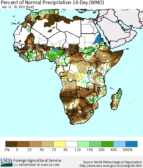 Africa Percent of Normal Precipitation 10-Day (WMO) Thematic Map For 4/11/2021 - 4/20/2021