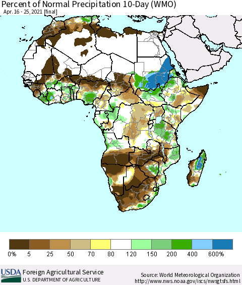 Africa Percent of Normal Precipitation 10-Day (WMO) Thematic Map For 4/16/2021 - 4/25/2021