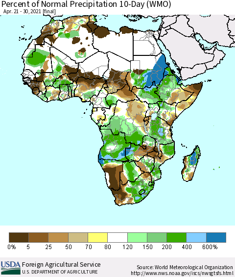 Africa Percent of Normal Precipitation 10-Day (WMO) Thematic Map For 4/21/2021 - 4/30/2021