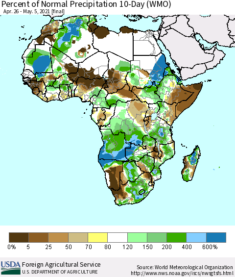 Africa Percent of Normal Precipitation 10-Day (WMO) Thematic Map For 4/26/2021 - 5/5/2021