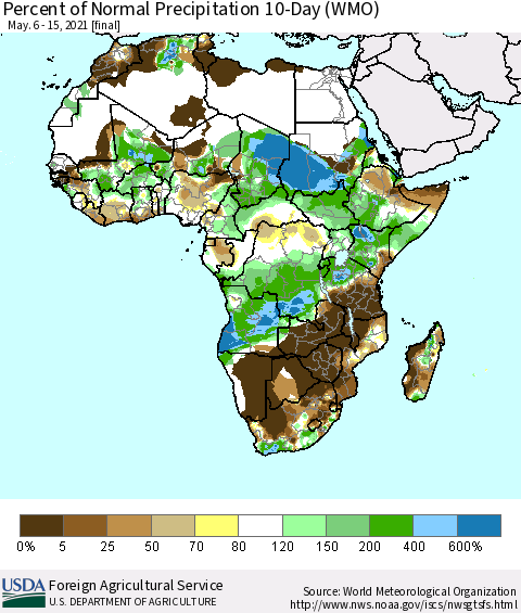 Africa Percent of Normal Precipitation 10-Day (WMO) Thematic Map For 5/6/2021 - 5/15/2021