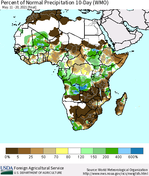 Africa Percent of Normal Precipitation 10-Day (WMO) Thematic Map For 5/11/2021 - 5/20/2021