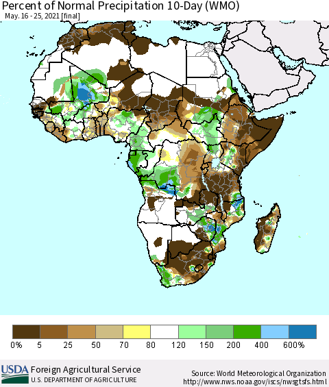 Africa Percent of Normal Precipitation 10-Day (WMO) Thematic Map For 5/16/2021 - 5/25/2021