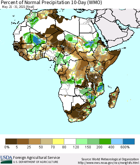 Africa Percent of Normal Precipitation 10-Day (WMO) Thematic Map For 5/21/2021 - 5/31/2021