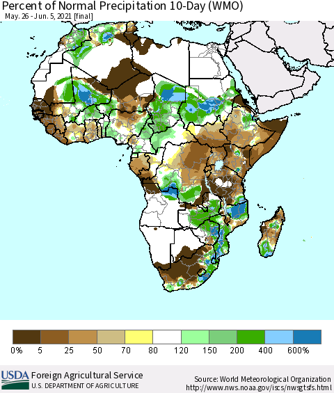 Africa Percent of Normal Precipitation 10-Day (WMO) Thematic Map For 5/26/2021 - 6/5/2021