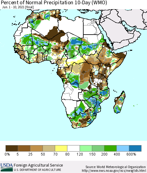 Africa Percent of Normal Precipitation 10-Day (WMO) Thematic Map For 6/1/2021 - 6/10/2021