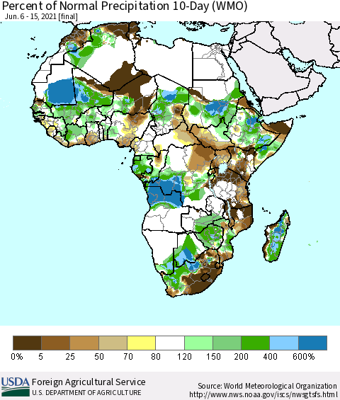 Africa Percent of Normal Precipitation 10-Day (WMO) Thematic Map For 6/6/2021 - 6/15/2021
