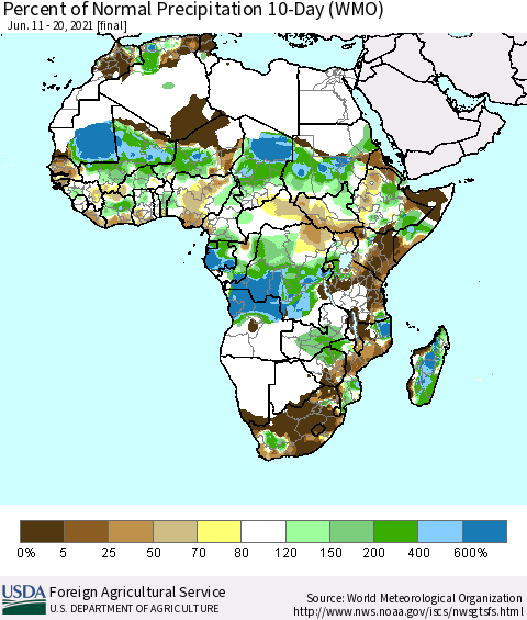 Africa Percent of Normal Precipitation 10-Day (WMO) Thematic Map For 6/11/2021 - 6/20/2021