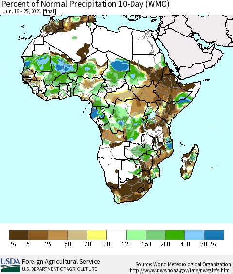 Africa Percent of Normal Precipitation 10-Day (WMO) Thematic Map For 6/16/2021 - 6/25/2021