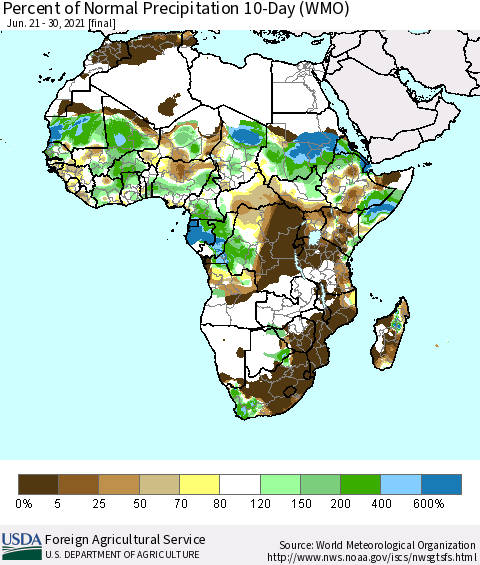 Africa Percent of Normal Precipitation 10-Day (WMO) Thematic Map For 6/21/2021 - 6/30/2021
