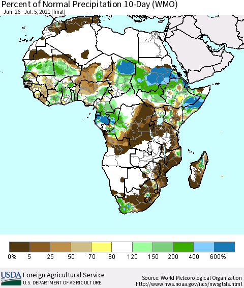 Africa Percent of Normal Precipitation 10-Day (WMO) Thematic Map For 6/26/2021 - 7/5/2021
