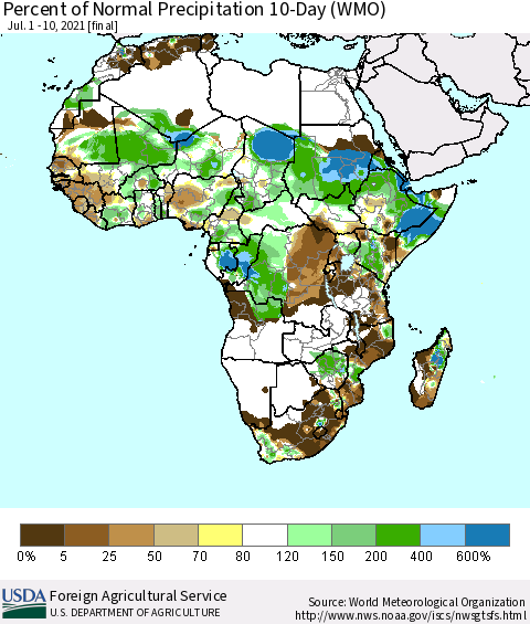Africa Percent of Normal Precipitation 10-Day (WMO) Thematic Map For 7/1/2021 - 7/10/2021