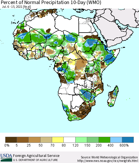 Africa Percent of Normal Precipitation 10-Day (WMO) Thematic Map For 7/6/2021 - 7/15/2021