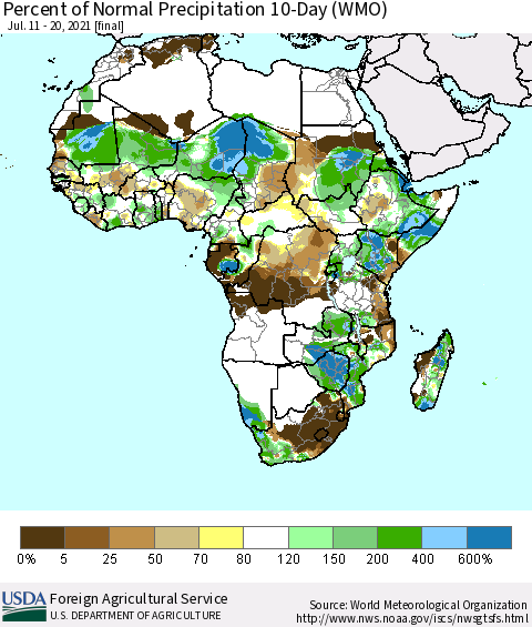 Africa Percent of Normal Precipitation 10-Day (WMO) Thematic Map For 7/11/2021 - 7/20/2021