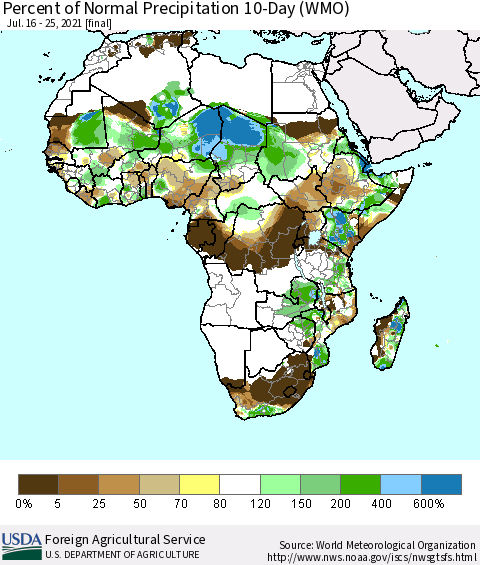 Africa Percent of Normal Precipitation 10-Day (WMO) Thematic Map For 7/16/2021 - 7/25/2021
