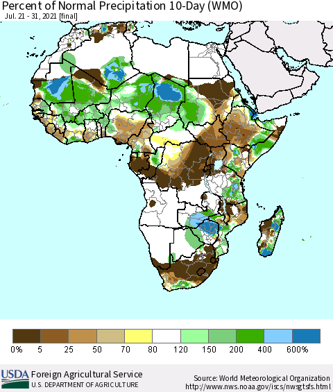 Africa Percent of Normal Precipitation 10-Day (WMO) Thematic Map For 7/21/2021 - 7/31/2021