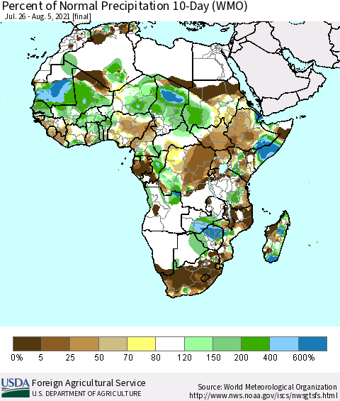 Africa Percent of Normal Precipitation 10-Day (WMO) Thematic Map For 7/26/2021 - 8/5/2021