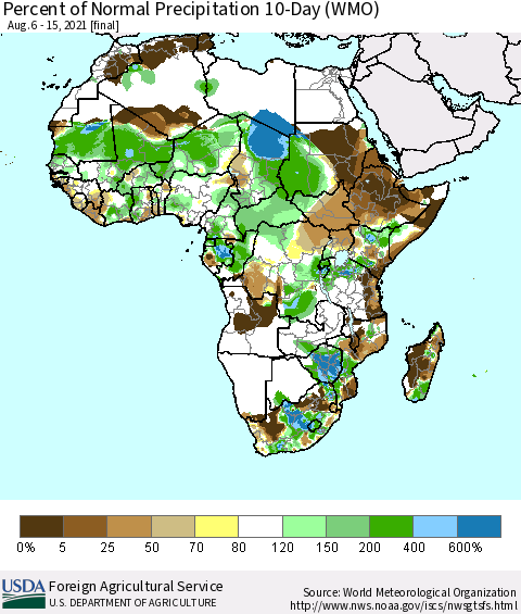 Africa Percent of Normal Precipitation 10-Day (WMO) Thematic Map For 8/6/2021 - 8/15/2021