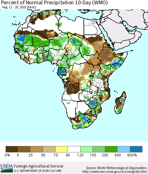 Africa Percent of Normal Precipitation 10-Day (WMO) Thematic Map For 8/11/2021 - 8/20/2021