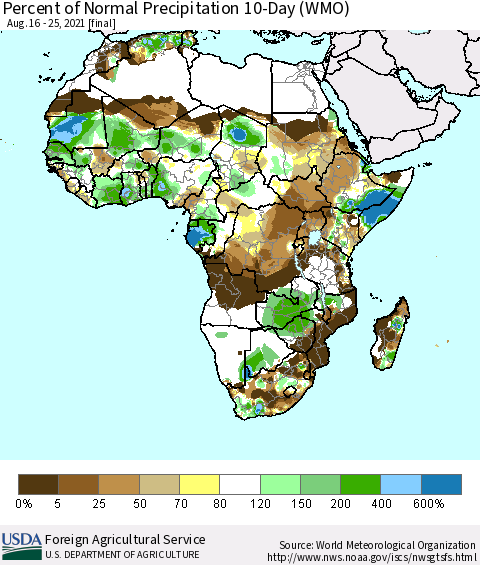 Africa Percent of Normal Precipitation 10-Day (WMO) Thematic Map For 8/16/2021 - 8/25/2021