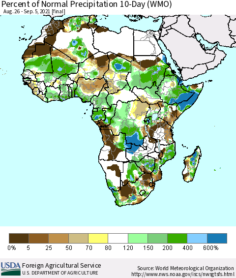 Africa Percent of Normal Precipitation 10-Day (WMO) Thematic Map For 8/26/2021 - 9/5/2021