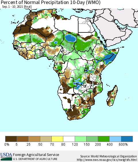 Africa Percent of Normal Precipitation 10-Day (WMO) Thematic Map For 9/1/2021 - 9/10/2021