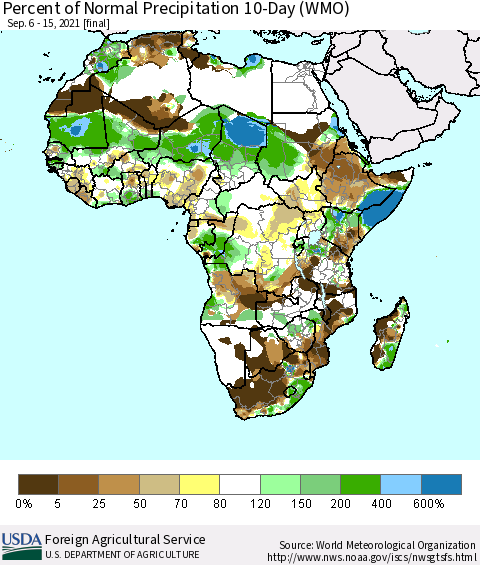 Africa Percent of Normal Precipitation 10-Day (WMO) Thematic Map For 9/6/2021 - 9/15/2021
