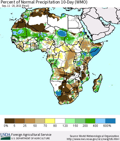 Africa Percent of Normal Precipitation 10-Day (WMO) Thematic Map For 9/11/2021 - 9/20/2021