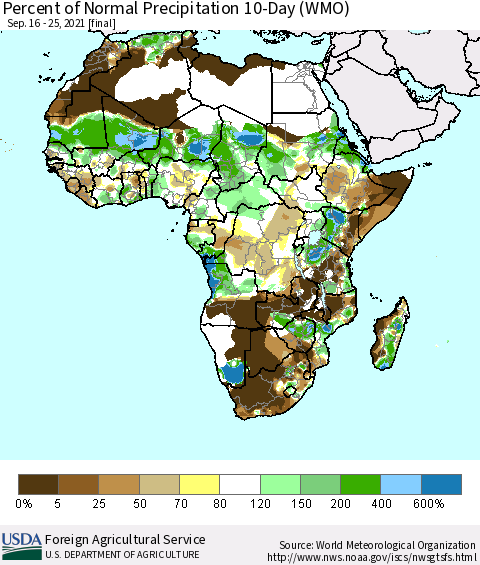 Africa Percent of Normal Precipitation 10-Day (WMO) Thematic Map For 9/16/2021 - 9/25/2021