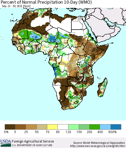 Africa Percent of Normal Precipitation 10-Day (WMO) Thematic Map For 9/21/2021 - 9/30/2021