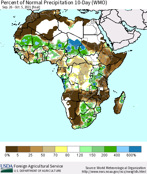 Africa Percent of Normal Precipitation 10-Day (WMO) Thematic Map For 9/26/2021 - 10/5/2021