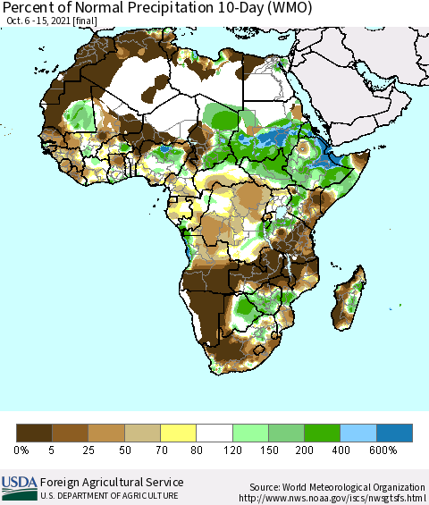 Africa Percent of Normal Precipitation 10-Day (WMO) Thematic Map For 10/6/2021 - 10/15/2021