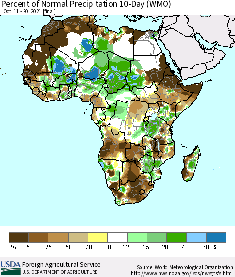 Africa Percent of Normal Precipitation 10-Day (WMO) Thematic Map For 10/11/2021 - 10/20/2021