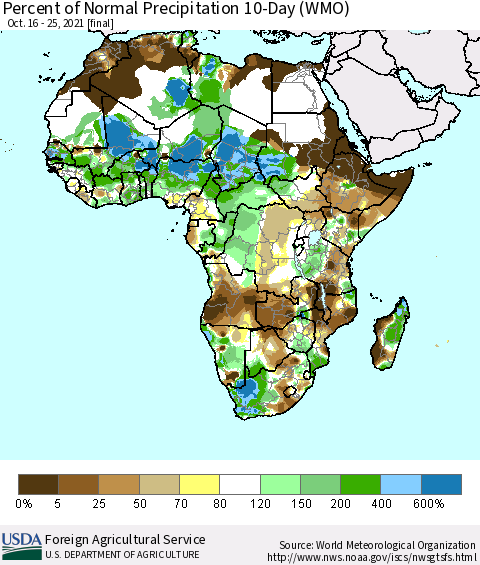 Africa Percent of Normal Precipitation 10-Day (WMO) Thematic Map For 10/16/2021 - 10/25/2021