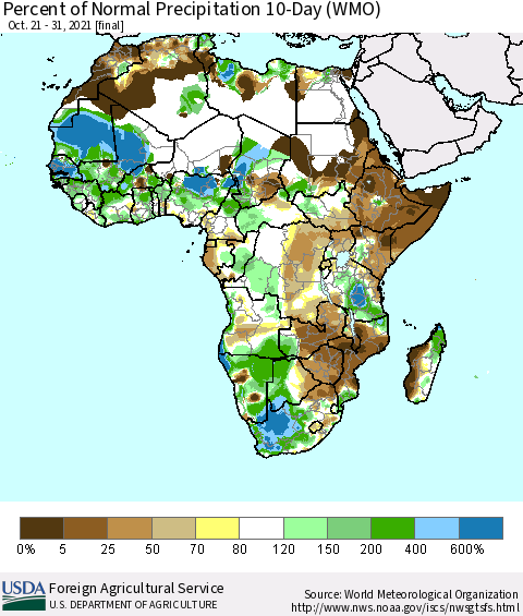 Africa Percent of Normal Precipitation 10-Day (WMO) Thematic Map For 10/21/2021 - 10/31/2021