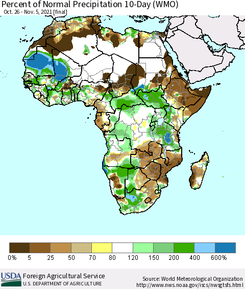 Africa Percent of Normal Precipitation 10-Day (WMO) Thematic Map For 10/26/2021 - 11/5/2021