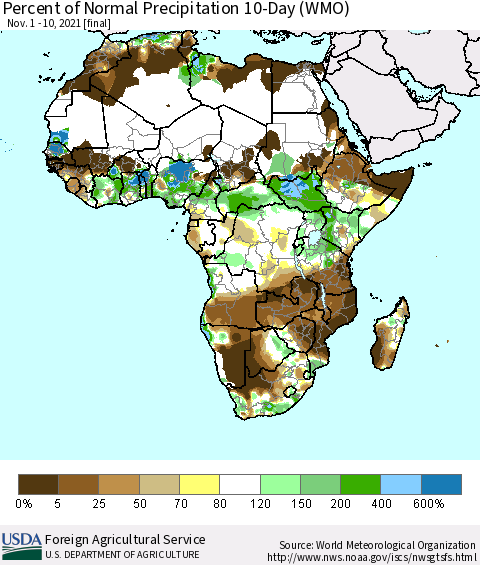 Africa Percent of Normal Precipitation 10-Day (WMO) Thematic Map For 11/1/2021 - 11/10/2021