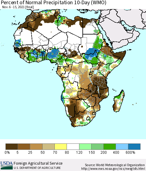 Africa Percent of Normal Precipitation 10-Day (WMO) Thematic Map For 11/6/2021 - 11/15/2021