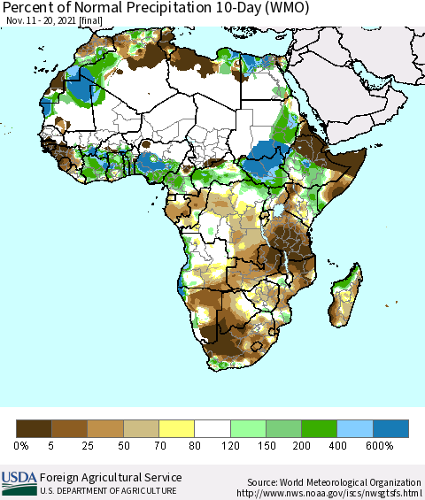 Africa Percent of Normal Precipitation 10-Day (WMO) Thematic Map For 11/11/2021 - 11/20/2021