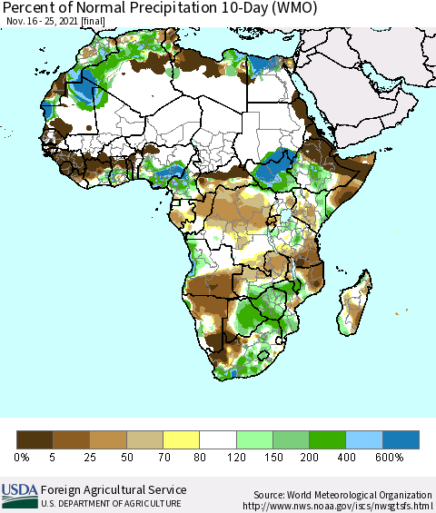 Africa Percent of Normal Precipitation 10-Day (WMO) Thematic Map For 11/16/2021 - 11/25/2021