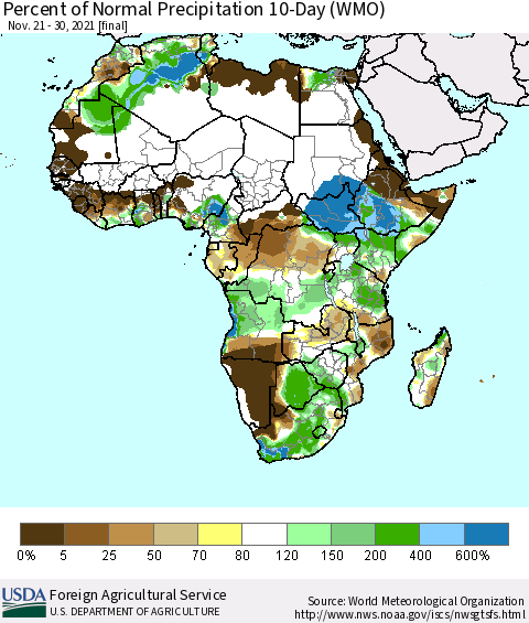 Africa Percent of Normal Precipitation 10-Day (WMO) Thematic Map For 11/21/2021 - 11/30/2021