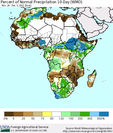 Africa Percent of Normal Precipitation 10-Day (WMO) Thematic Map For 11/26/2021 - 12/5/2021