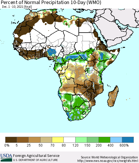 Africa Percent of Normal Precipitation 10-Day (WMO) Thematic Map For 12/1/2021 - 12/10/2021