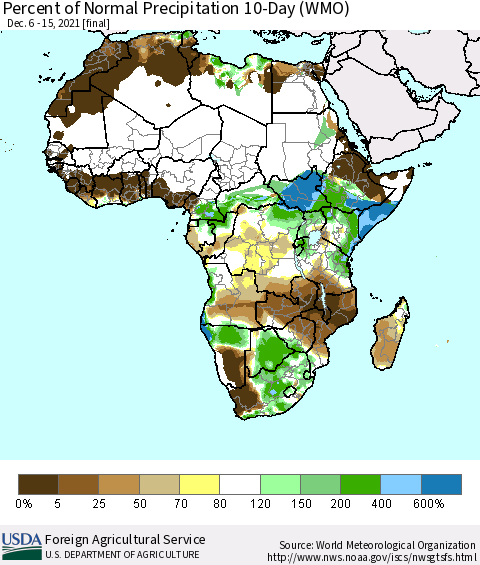 Africa Percent of Normal Precipitation 10-Day (WMO) Thematic Map For 12/6/2021 - 12/15/2021