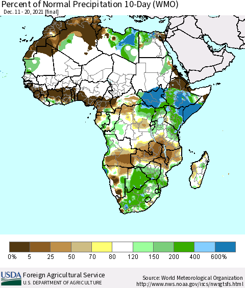 Africa Percent of Normal Precipitation 10-Day (WMO) Thematic Map For 12/11/2021 - 12/20/2021