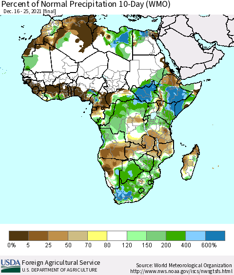 Africa Percent of Normal Precipitation 10-Day (WMO) Thematic Map For 12/16/2021 - 12/25/2021