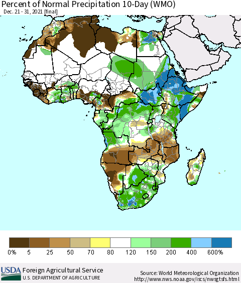 Africa Percent of Normal Precipitation 10-Day (WMO) Thematic Map For 12/21/2021 - 12/31/2021