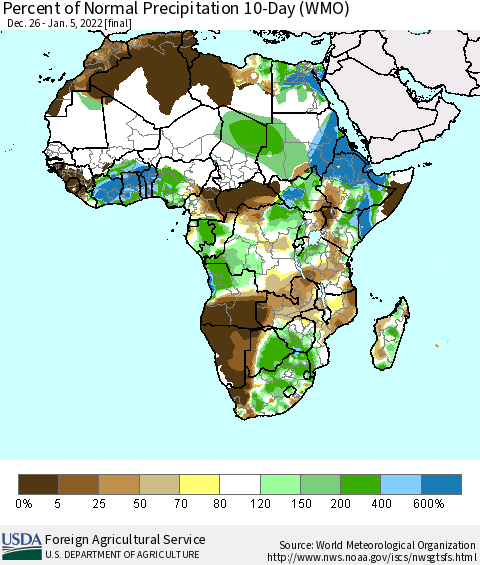 Africa Percent of Normal Precipitation 10-Day (WMO) Thematic Map For 12/26/2021 - 1/5/2022